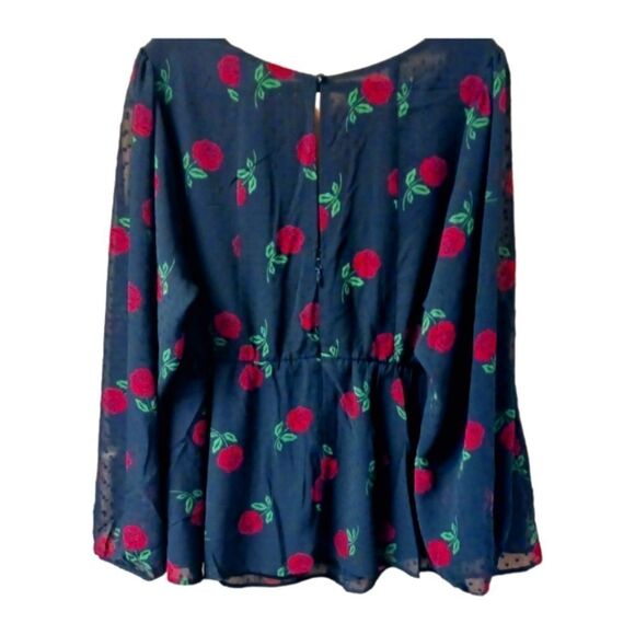 TORRID Plus Size New Peplum Chiffon Clip Dot Floral Rose Puff Sleeve Top. - Picture 9 of 16